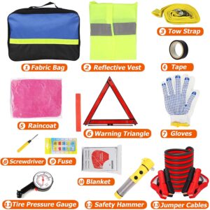 ZRSDIXKI Car Emergency Kit 13-In-1 Auto Car Safety Kit Car Breakdown Kit with Warning Triangle, Visibility Vest, Jumper Cables, Tow Rope, Flashlight, Safety Hammer